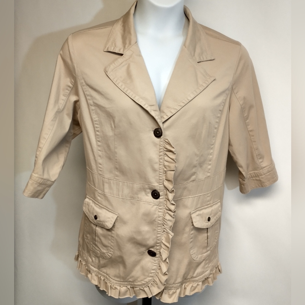 AMX Khaki Cotton Jacket Ruffle Details 3/4 Sleeve Single Breast EC Size 1X